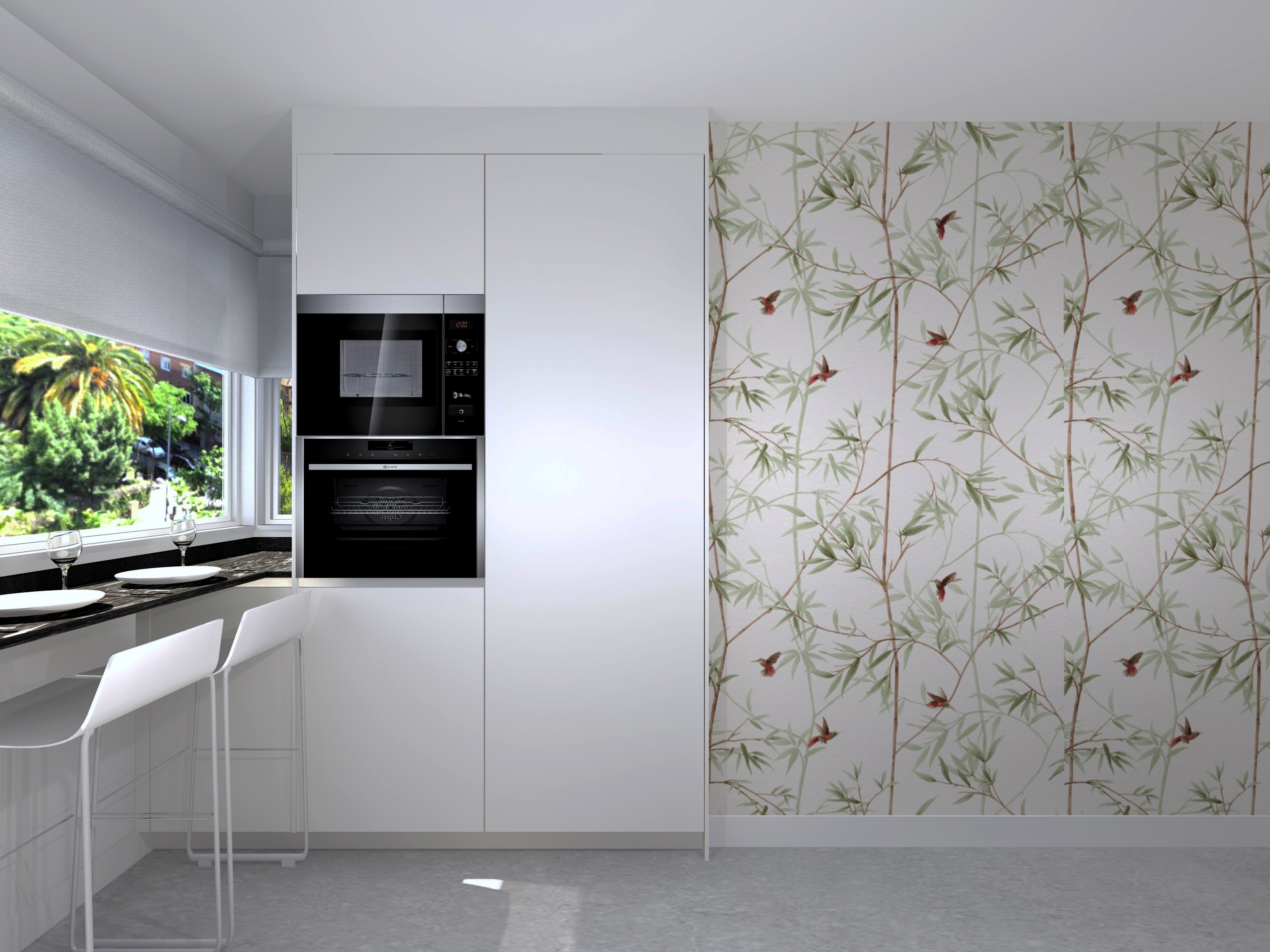 Una cocina blanca de diseño moderno con papel pintado