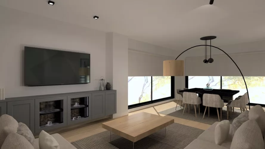 Mueble televisión proyecto decoración salón tonos grises