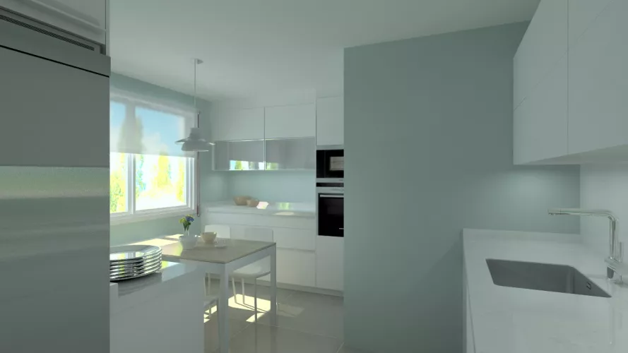 Aravaca | Cocina Santos | Modelo Line Laminado Blanco Brillo | Encimera Silestone Blanco