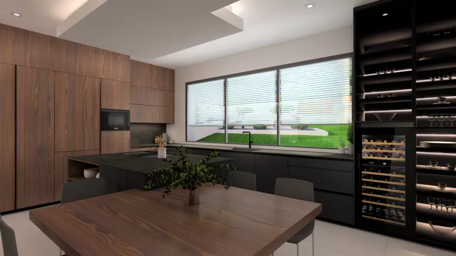 Cocina de diseño contemporáneo con madera natural, tonos oscuros y una gran conexión visual con el exterior 