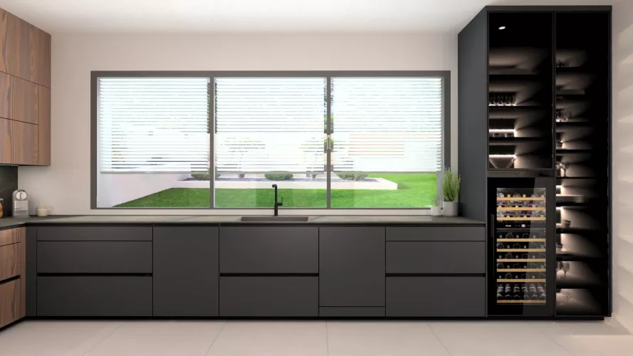 Cocina de diseño contemporáneo con madera natural, tonos oscuros y una gran conexión visual con el exterior 