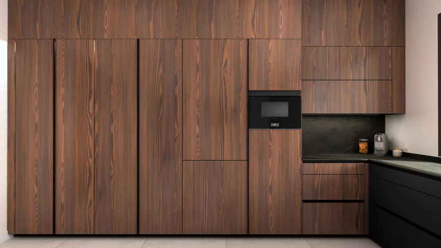 Cocina de diseño contemporáneo con madera natural, tonos oscuros y una gran conexión visual con el exterior 