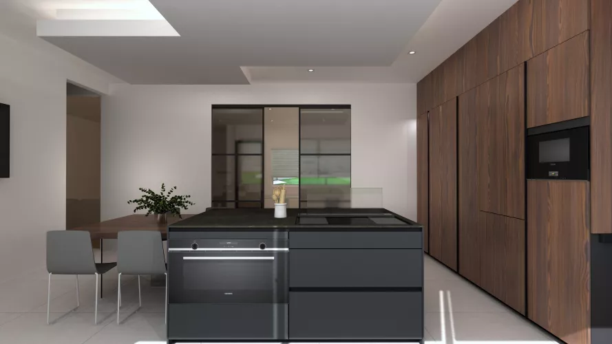 Cocina de diseño contemporáneo con madera natural, tonos oscuros y una gran conexión visual con el exterior 