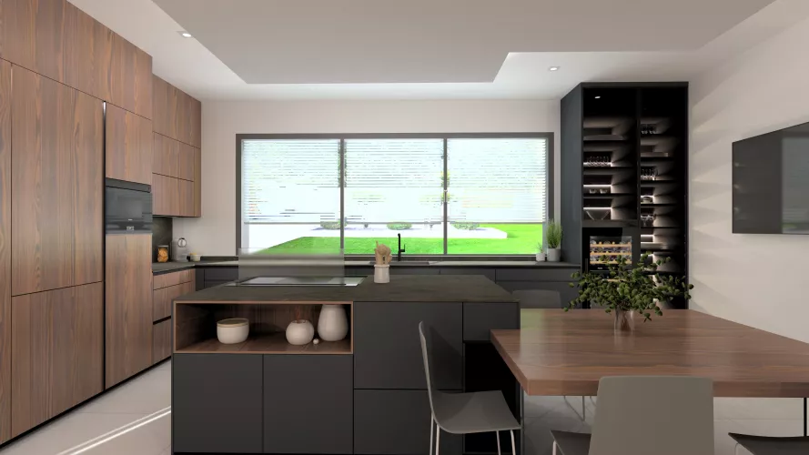 Cocina de diseño contemporáneo con madera natural, tonos oscuros y una gran conexión visual con el exterior 