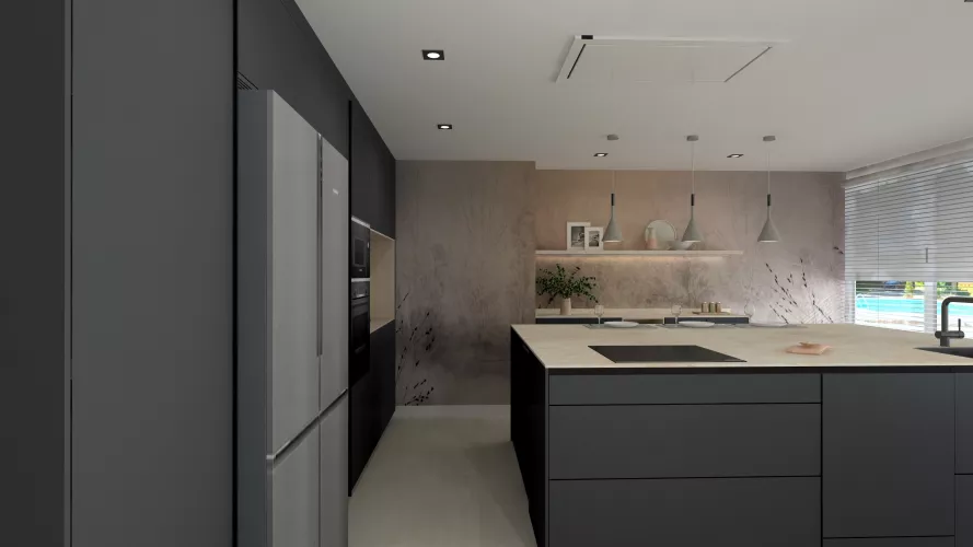 Cocina contemporánea con isla central y acabados oscuros
