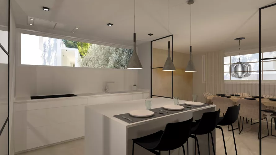 Cocina Santos Blanca y Roble con Isla y Encimera Corian