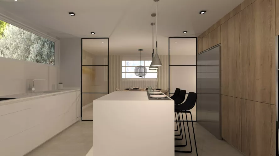 Cocina Santos Blanca y Roble con Isla y Encimera Corian