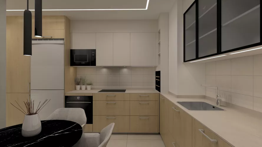 Cocina en U con comedor integrado, equilibrio entre funcionalidad y diseño contemporáneo