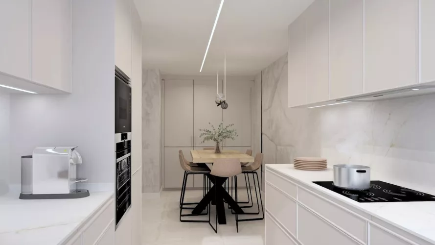 Cocina clara con mesado auxiliar