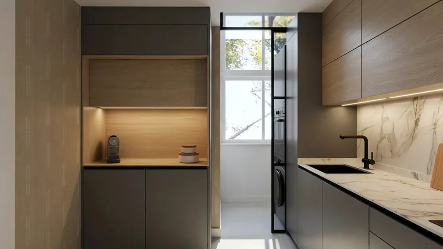 Cocina contemporánea en tonos neutros y madera con isla multifuncional