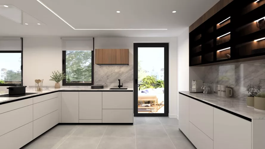 Cocina contemporánea con isla y equilibrio de materiales