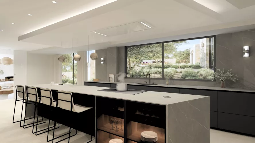 Cocina minimalista en negro y piedra