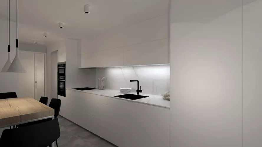 Cocina Blanca en Línea con Mobiliario de Cocinas Santos