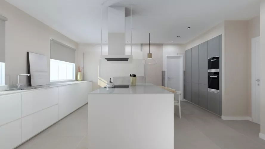 Cocina Santos color blanca con isla y encimera Dekton Zenith Mate