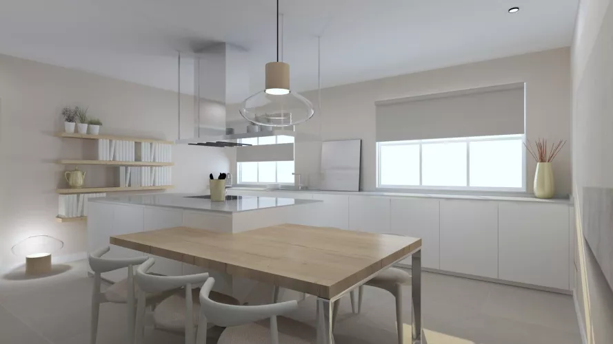 Cocina Santos color blanca con isla y encimera Dekton Zenith Mate