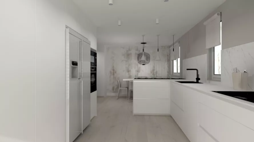 Cocina Santos blanca en L con encimera Dekton