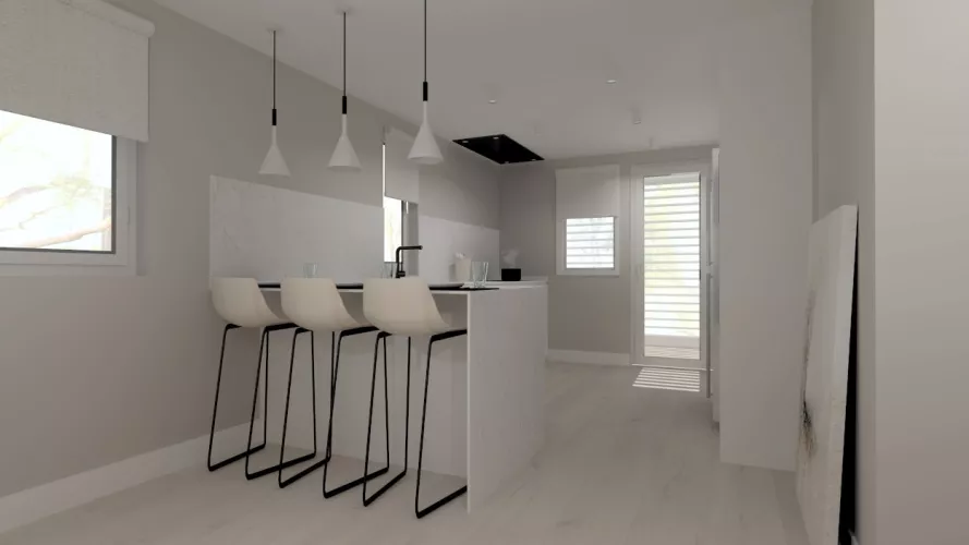 Cocina Santos blanca en L con encimera Dekton