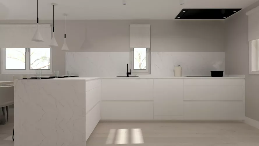 Cocina Santos blanca en L con encimera Dekton