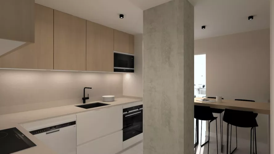 Cocina cuadrada con columna