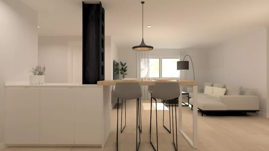 Cocina Santos blanca con península abierta al salón con encimera de silestone