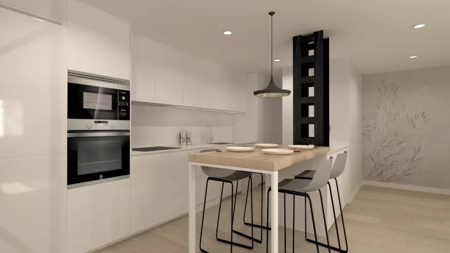 Cocina Santos blanca con península y encimera Silestone