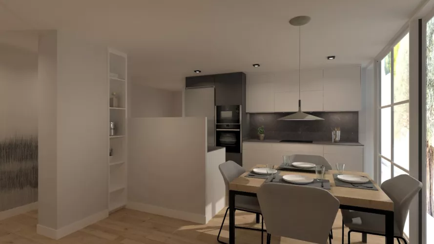 Cocina Santos blanca y gris abierta al salón con encimera de Dekton