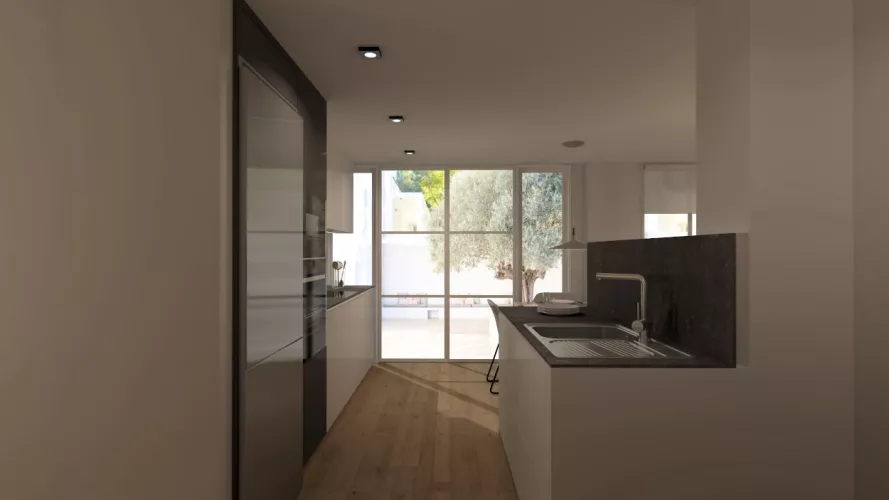 Cocina Santos blanca y gris abierta al salón con encimera de Dekton