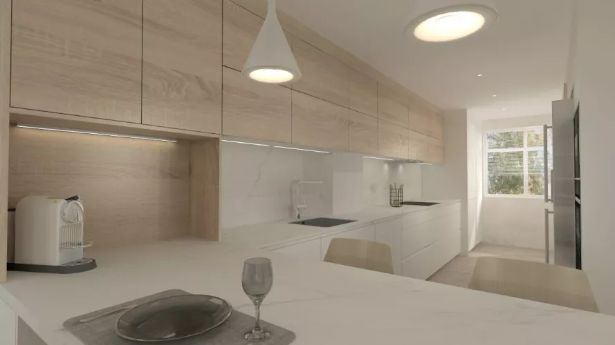 Cocina Santos blanca y roble en l con encimera de Neolith