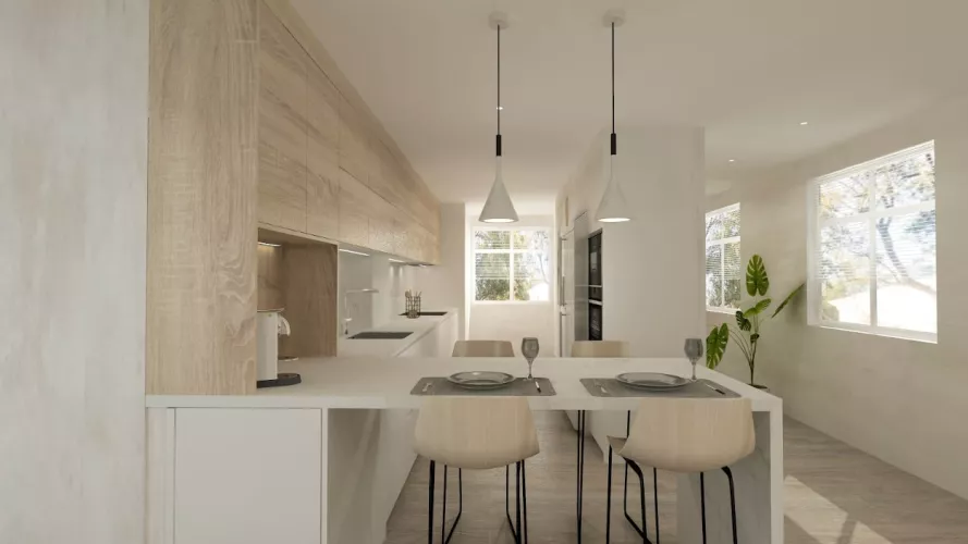 Cocina Santos blanca y roble en l con encimera de Neolith