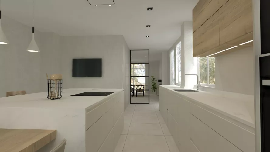 Cocina Santos blanca y roble con isla y encimera de Dekton