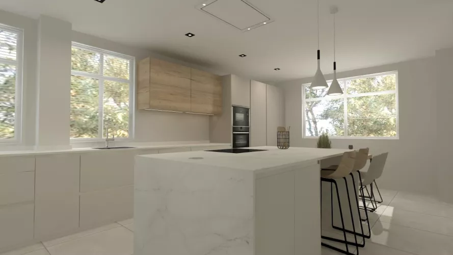 Cocina Santos blanca y roble con isla y encimera de Dekton