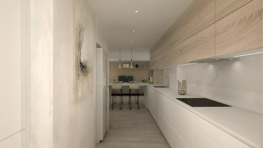 Cocina Santos blanca y roble en l con encimera de Neolith