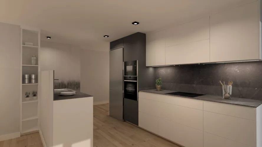 Cocina Santos blanca y gris abierta al salón con encimera de Dekton