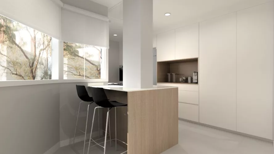 Cocina Santos blanca y roble en paralelo con office