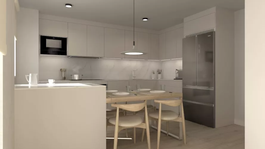 Cocina Santos cashmere con península y encimera de Dekton