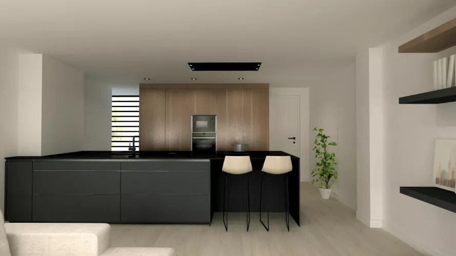 Cocina Santos negra con isla y encimera Dekton