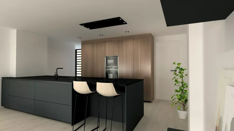 Cocina Santos negra con isla y encimera Dekton