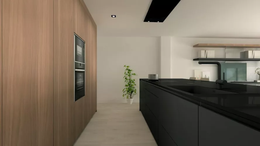 Cocina Santos negra con isla y encimera Dekton