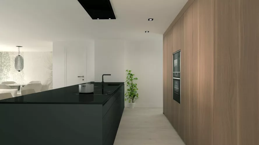 Cocina Santos negra con isla y encimera Dekton