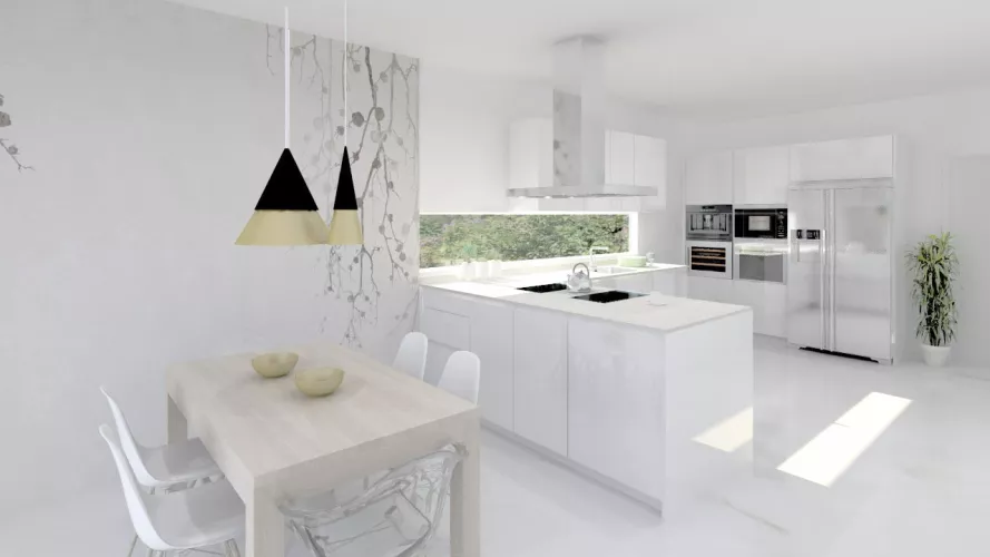 Aravaca | Cocina Santos | Modelo Line L Blanco Brillo | Encimera Silestone Blanco