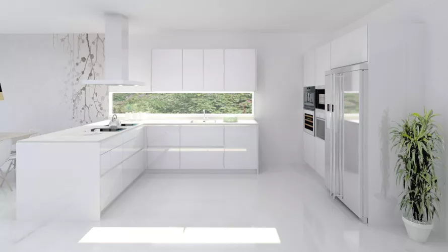 Aravaca | Cocina Santos | Modelo Line L Blanco Brillo | Encimera Silestone Blanco