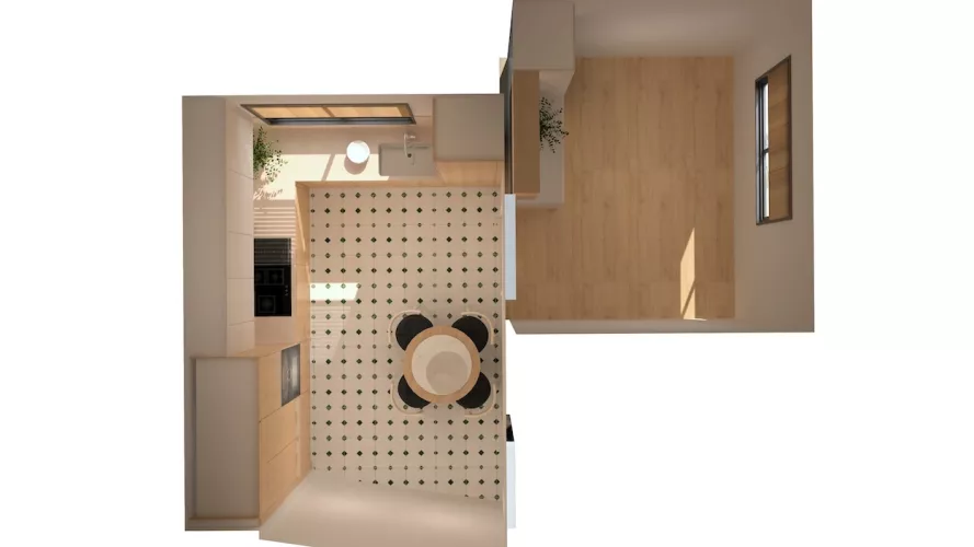 Planta Cocina madera en L