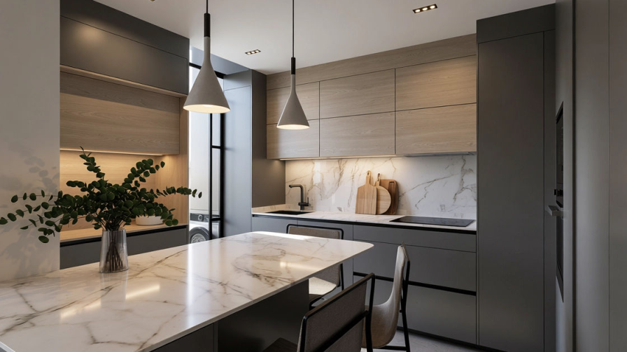 Cocina contemporánea en tonos neutros y madera con isla multifuncional