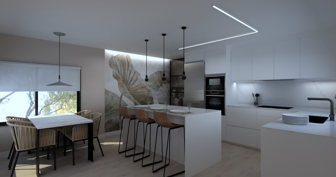 Cocina Santos Blanca con Isla y Zona Office | Docrys & DC