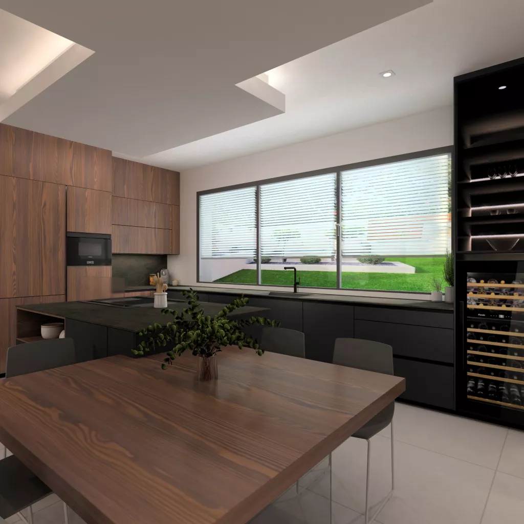 Cocina de diseño contemporáneo con madera natural, tonos oscuros y una gran conexión visual con el exterior