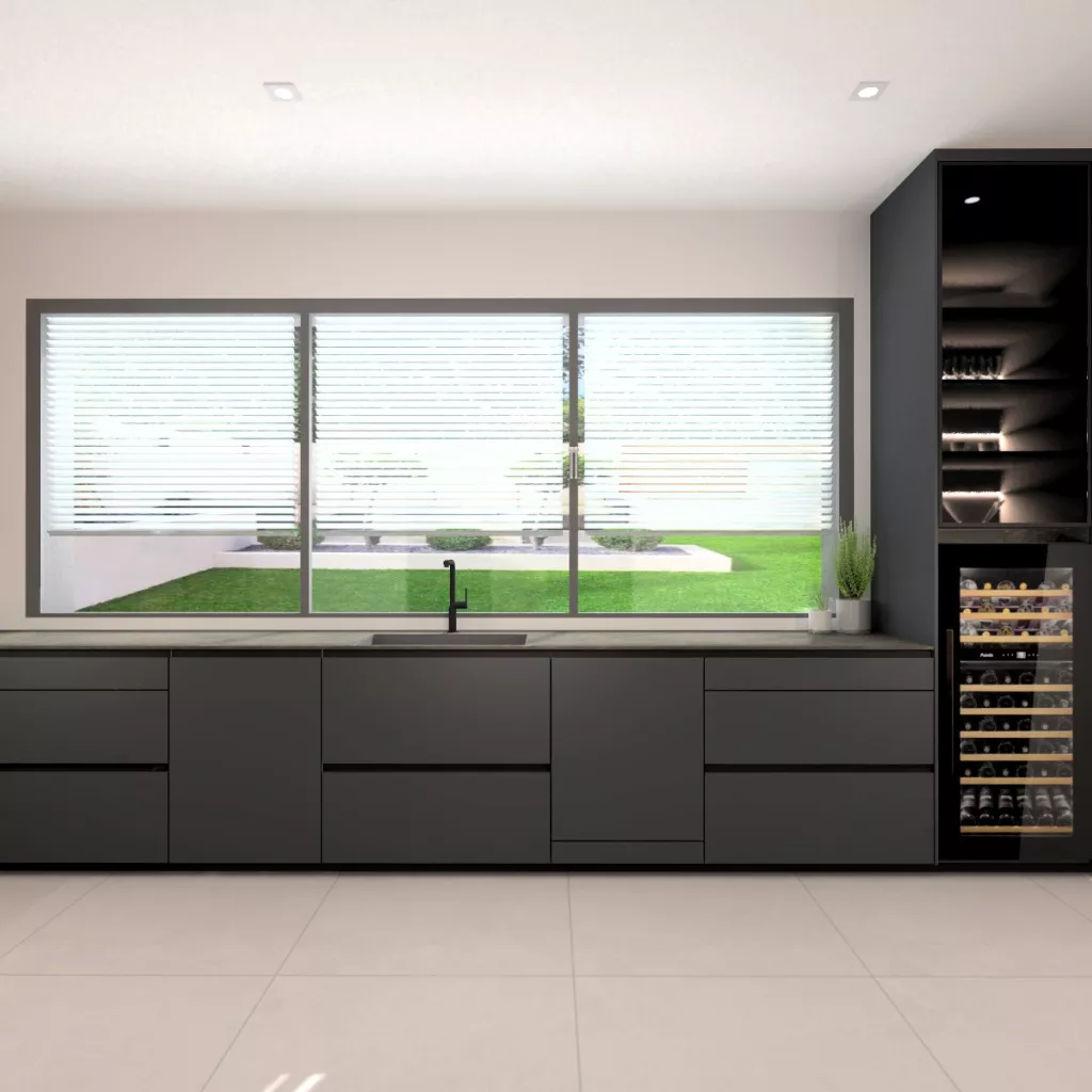 Cocina de diseño contemporáneo con madera natural, tonos oscuros y una gran conexión visual con el exterior
