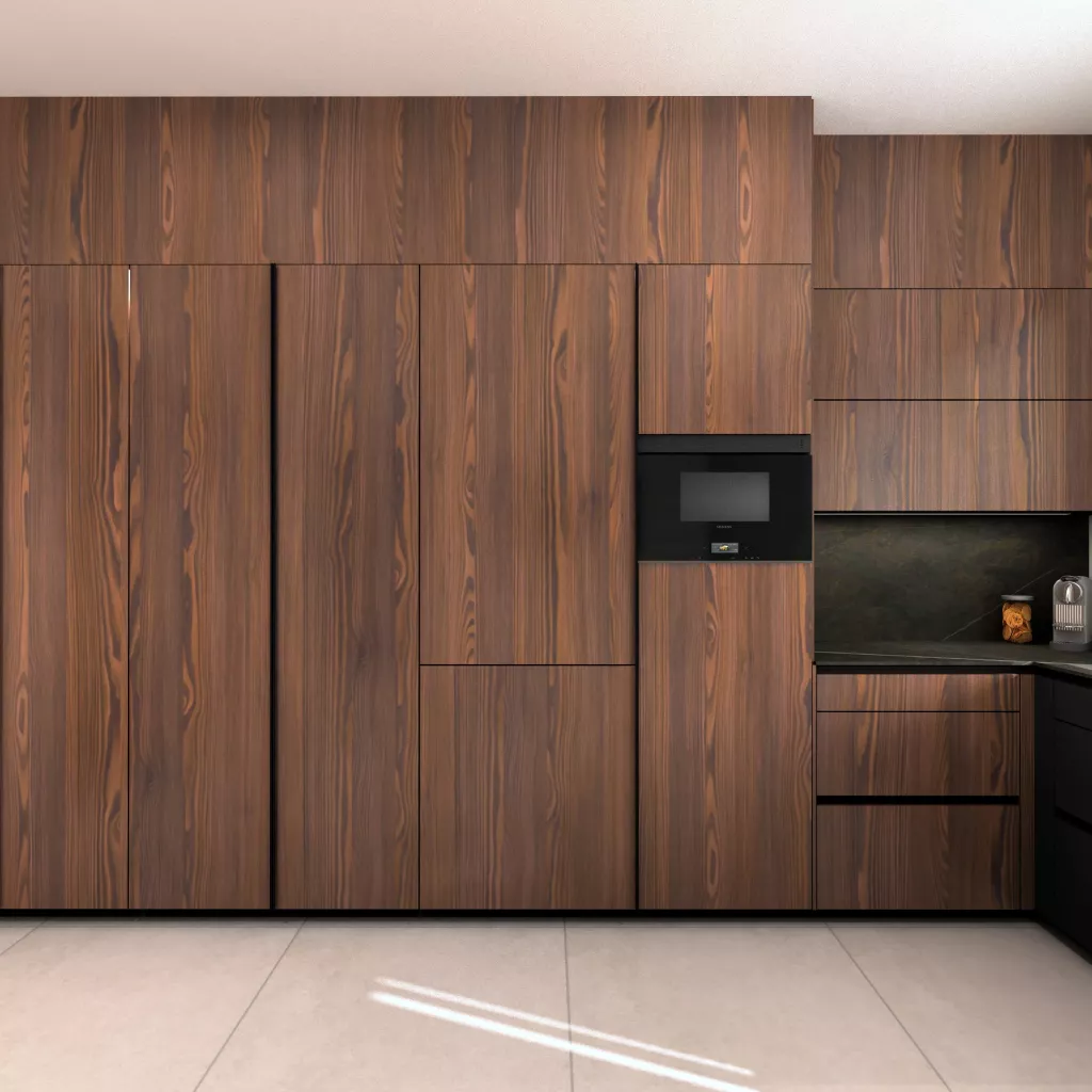 Cocina de diseño contemporáneo con madera natural, tonos oscuros y una gran conexión visual con el exterior