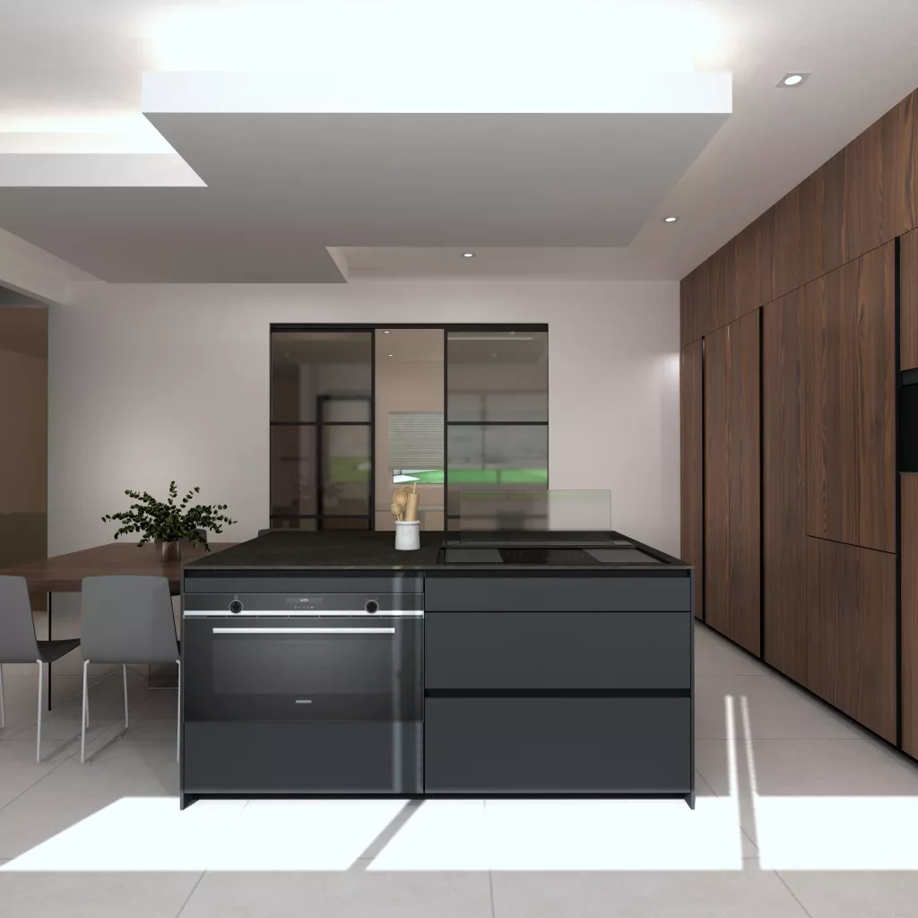 Cocina de diseño contemporáneo con madera natural, tonos oscuros y una gran conexión visual con el exterior