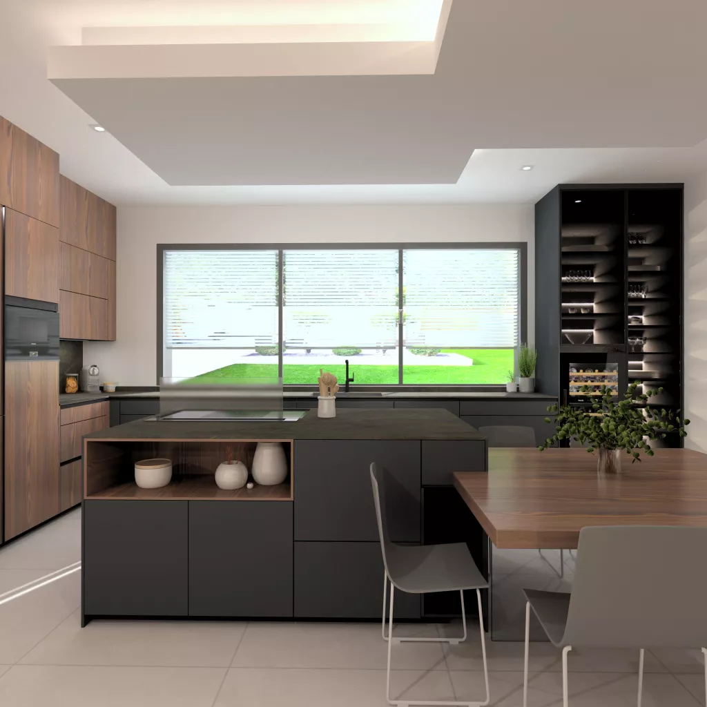 Cocina de diseño contemporáneo con madera natural, tonos oscuros y una gran conexión visual con el exterior