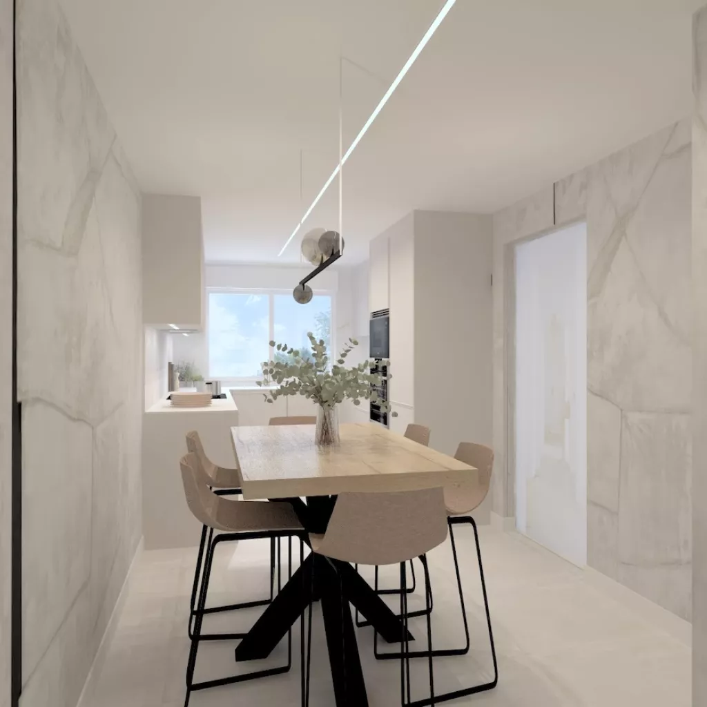Cocina clara con mesado auxiliar